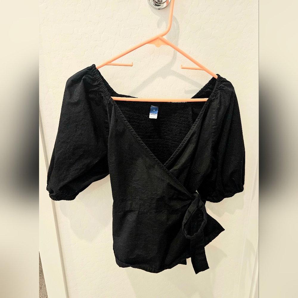 Old Navy Black Puff Sleeve Wrap Blouse